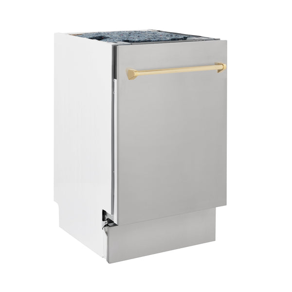 ZLINE Autograph Edition 18 in. Compact 3rd Rack Top Control Dishwasher in Stainless Steel with Polished Gold Handle, 51dBa (DWVZ-304-18-G) side, closed.