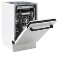ZLINE Autograph Edition 18 in. Compact 3rd Rack Top Control Dishwasher in Stainless Steel with Matte Black Handle, 51dBa (DWVZ-304-18-MB) side, half open.