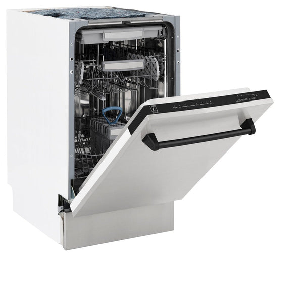 ZLINE Autograph Edition 18 in. Compact 3rd Rack Top Control Dishwasher in Stainless Steel with Matte Black Handle, 51dBa (DWVZ-304-18-MB) side, half open.