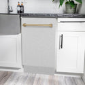 ZLINE Autograph Edition 18 in. Compact 3rd Rack Top Control Dishwasher in Fingerprint Resistant Stainless Steel with Champagne Bronze Accent Handle, 51dBa (DWVZ-SN-18-CB) in a kitchen with white cabinets and stone countertops.