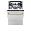 ZLINE Autograph Edition 18 in. Compact 3rd Rack Top Control Dishwasher in Fingerprint Resistant Stainless Steel with Champagne Bronze Accent Handle, 51dBa (DWVZ-SN-18-CB) front, half open.