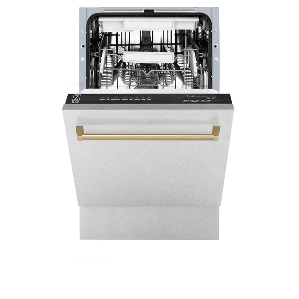 ZLINE Autograph Edition 18 in. Compact 3rd Rack Top Control Dishwasher in Fingerprint Resistant Stainless Steel with Champagne Bronze Accent Handle, 51dBa (DWVZ-SN-18-CB) front, half open.