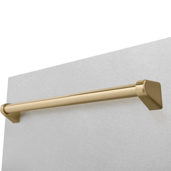 ZLINE Autograph Edition 18 in. Compact 3rd Rack Top Control Dishwasher in Fingerprint Resistant Stainless Steel with Champagne Bronze Accent Handle, 51dBa (DWVZ-SN-18-CB) close-up, handle on dishwasher exterior.