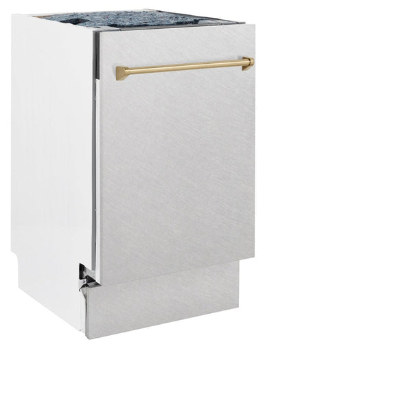 ZLINE Autograph Edition 18 in. Compact 3rd Rack Top Control Dishwasher in Fingerprint Resistant Stainless Steel with Champagne Bronze Accent Handle, 51dBa (DWVZ-SN-18-CB) front, closed.