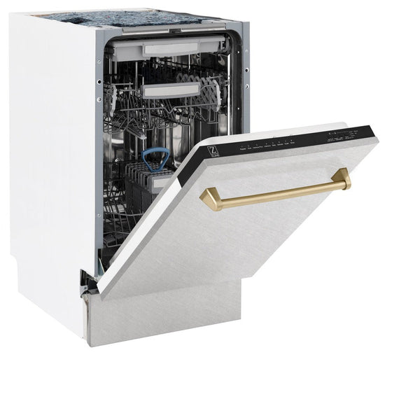 ZLINE Autograph Edition 18 in. Compact 3rd Rack Top Control Dishwasher in Fingerprint Resistant Stainless Steel with Champagne Bronze Accent Handle, 51dBa (DWVZ-SN-18-CB) side, half open.
