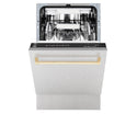 ZLINE Autograph Edition 18 in. Compact 3rd Rack Top Control Dishwasher in Fingerprint Resistant Stainless Steel with Polished Gold Accent Handle, 51dBa (DWVZ-SN-18-G) front, half open.