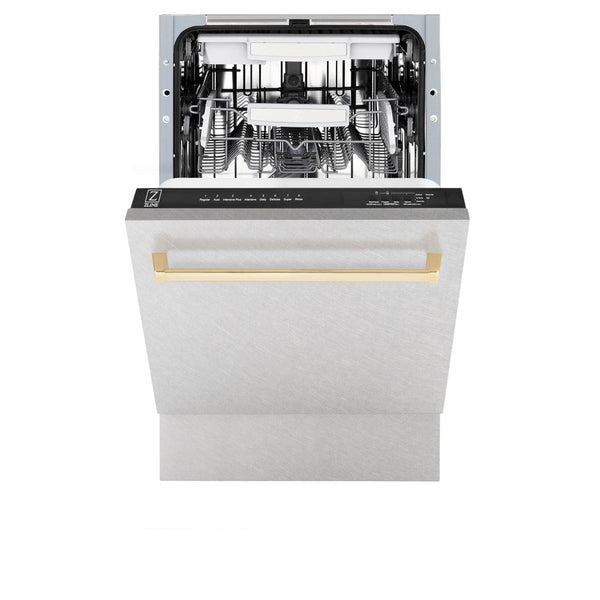 ZLINE Autograph Edition 18 in. Compact 3rd Rack Top Control Dishwasher in Fingerprint Resistant Stainless Steel with Polished Gold Accent Handle, 51dBa (DWVZ-SN-18-G) front, half open.