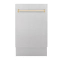 ZLINE Autograph Edition 18 in. Compact 3rd Rack Top Control Dishwasher in Fingerprint Resistant Stainless Steel with Polished Gold Accent Handle, 51dBa (DWVZ-SN-18-G) front, closed.
