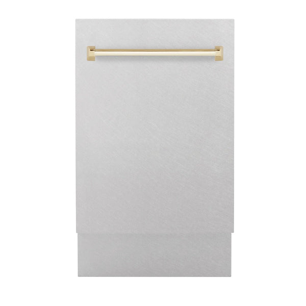 ZLINE Autograph Edition 18 in. Compact 3rd Rack Top Control Dishwasher in Fingerprint Resistant Stainless Steel with Polished Gold Accent Handle, 51dBa (DWVZ-SN-18-G) front, closed.