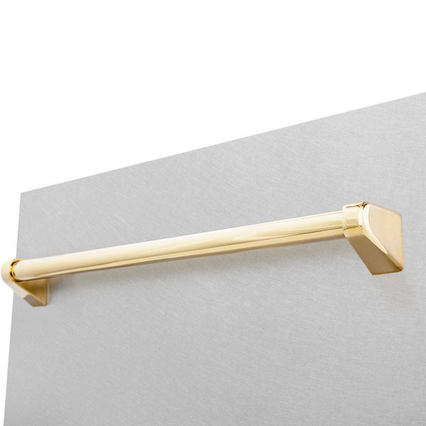 ZLINE Autograph Edition 18 in. Compact 3rd Rack Top Control Dishwasher in Fingerprint Resistant Stainless Steel with Polished Gold Accent Handle, 51dBa (DWVZ-SN-18-G) close-up, handle on dishwasher exterior.