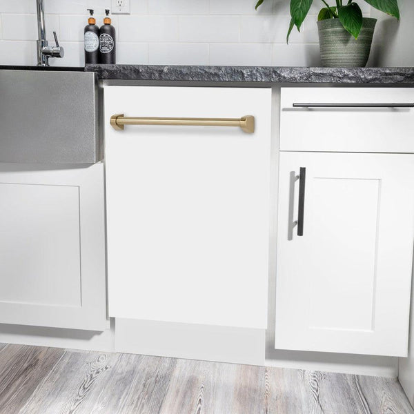ZLINE Autograph Edition 18 in. Compact 3rd Rack Top Control Dishwasher in White Matte with Champagne Bronze Accent Handle, 51dBa (DWVZ-WM-18-CB) in a kitchen with white cabinets and stone countertops.