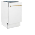ZLINE Autograph Edition 18 in. Compact 3rd Rack Top Control Dishwasher in White Matte with Champagne Bronze Accent Handle, 51dBa (DWVZ-WM-18-CB) front, closed.