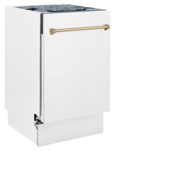 ZLINE Autograph Edition 18 in. Compact 3rd Rack Top Control Dishwasher in White Matte with Champagne Bronze Accent Handle, 51dBa (DWVZ-WM-18-CB) front, closed.