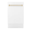 ZLINE Autograph Edition 18 in. Compact 3rd Rack Top Control Dishwasher in White Matte with Polished Gold Accent Handle, 51dBa (DWVZ-WM-18-G) front, closed.