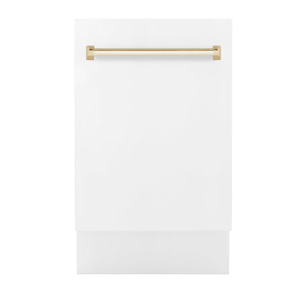 ZLINE Autograph Edition 18 in. Compact 3rd Rack Top Control Dishwasher in White Matte with Polished Gold Accent Handle, 51dBa (DWVZ-WM-18-G) front, closed.