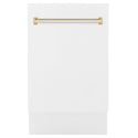 ZLINE Autograph Edition 18 in. Compact 3rd Rack Top Control Dishwasher in White Matte with Polished Gold Accent Handle, 51dBa (DWVZ-WM-18-G) front, closed.