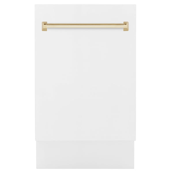ZLINE Autograph Edition 18 in. Compact 3rd Rack Top Control Dishwasher in White Matte with Polished Gold Accent Handle, 51dBa (DWVZ-WM-18-G) front, closed.