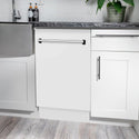 ZLINE 18 in. Tallac Series 3rd Rack Top Control Dishwasher with White Matte Panel, 51dBa (DWV-WM-18) in a kitchen with white cabinets and stone countertops.