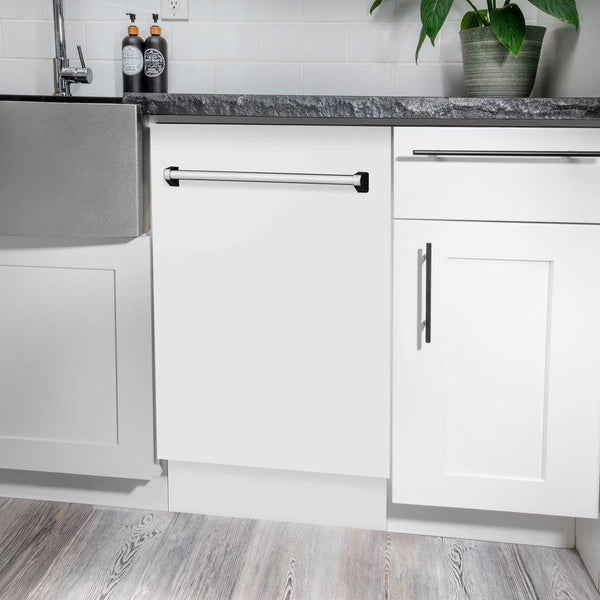 ZLINE 18 in. Tallac Series 3rd Rack Top Control Dishwasher with White Matte Panel, 51dBa (DWV-WM-18) in a kitchen with white cabinets and stone countertops.
