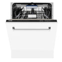 ZLINE 24 in. Tallac Series 3rd Rack Dishwasher with White Matte Panel and Traditional Handle, 51dBa (DWV-WM-24) front, half open.