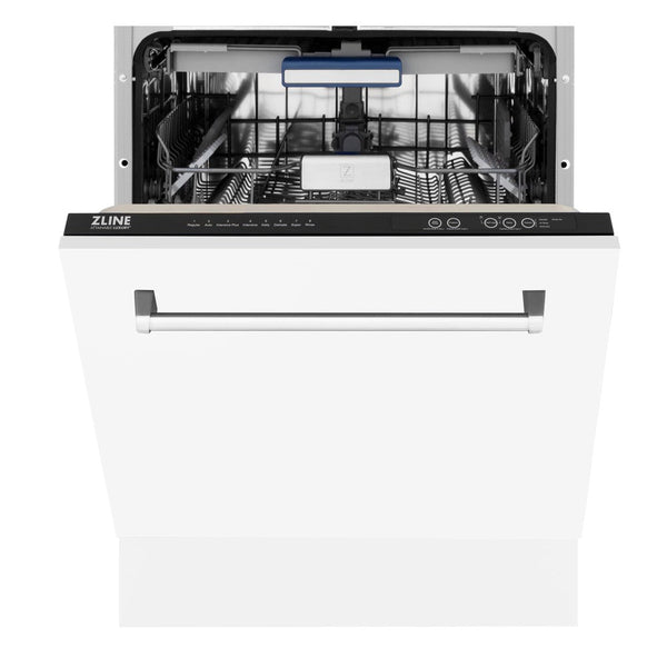 ZLINE 24 in. Tallac Series 3rd Rack Dishwasher with White Matte Panel and Traditional Handle, 51dBa (DWV-WM-24) front, half open.