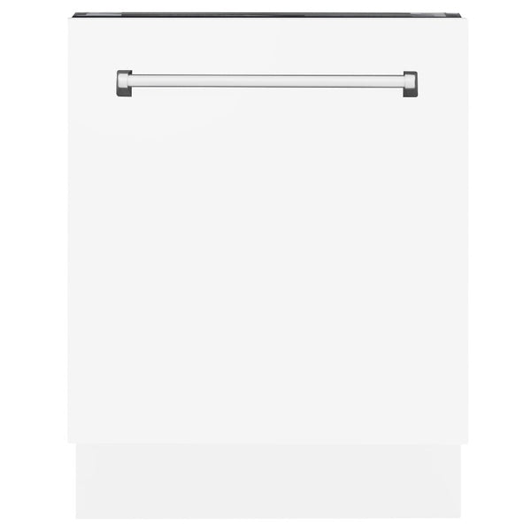 ZLINE 24 in. Tallac Series 3rd Rack Dishwasher with White Matte Panel and Traditional Handle, 51dBa (DWV-WM-24) front, closed.