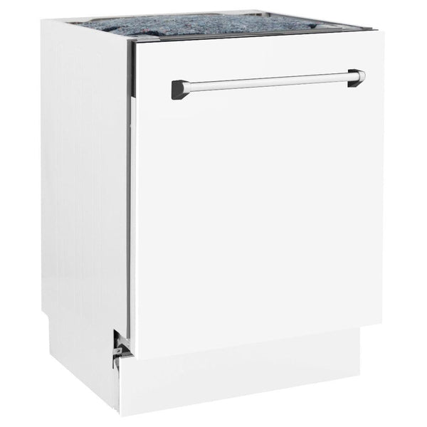 ZLINE 24 in. Tallac Series 3rd Rack Dishwasher with White Matte Panel and Traditional Handle, 51dBa (DWV-WM-24) side, closed.