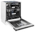 ZLINE 24 in. Tallac Series 3rd Rack Dishwasher with White Matte Panel and Traditional Handle, 51dBa (DWV-WM-24) side, open.