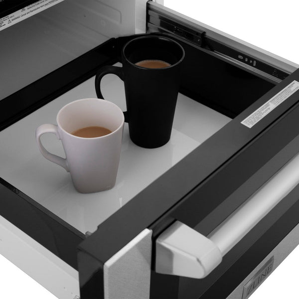 ZLINE 24 in. 1.2 cu. ft. Built-in Microwave Drawer with a Traditional Handle in Fingerprint Resistant Stainless Steel (MWD-1-SS-H) open with two cups of coffee inside.