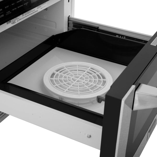 ZLINE 24 in. 1.2 cu. ft. Built-in Microwave Drawer with a Traditional Handle in Fingerprint Resistant Stainless Steel (MWD-1-SS-H) open, with defrosting rack inside.