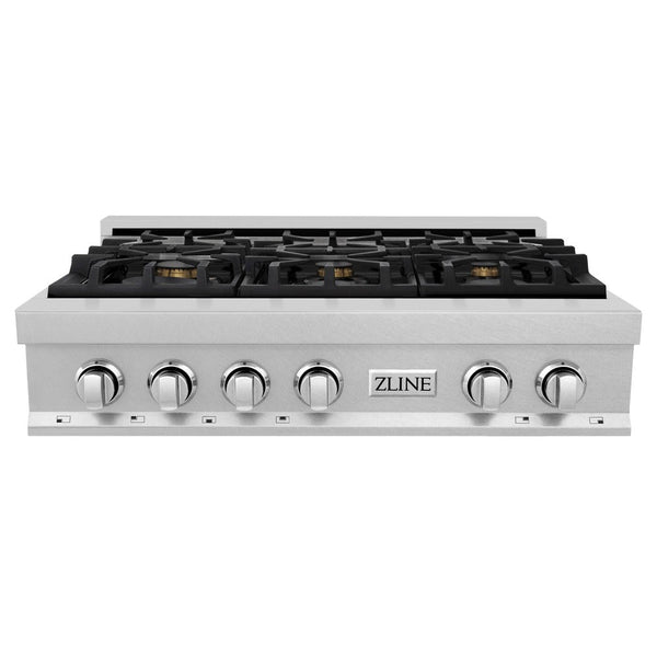ZLINE 36 in. Porcelain Rangetop in DuraSnow® Stainless Steel with 6 Gas Brass Burners (RTS-BR-36) front, oven closed.