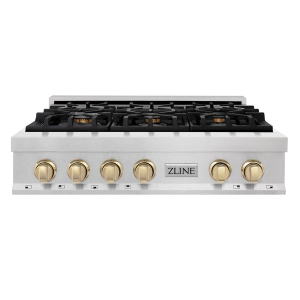 ZLINE Autograph Edition 36 in. Porcelain Rangetop with 6 Gas Burners in DuraSnow® Stainless Steel with Polished Gold Accents (RTSZ-36-G) front, oven closed.
