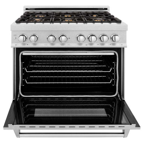 ZLINE 36 in. 4.6 cu. ft. Legacy Dual Fuel Range with Gas Cooktop and Electric Convection Oven in DuraSnow® Stainless Steel with 6 Brass Burners and Griddle (RAS-SN-BR-GR-36)