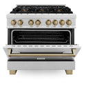 ZLINE Autograph Edition 36 in. 4.6 cu. ft. Dual Fuel Range with Gas Stove and Electric Oven in DuraSnow® Stainless Steel with Champagne Bronze Accents (RASZ-SN-36-CB) front, oven door half open.