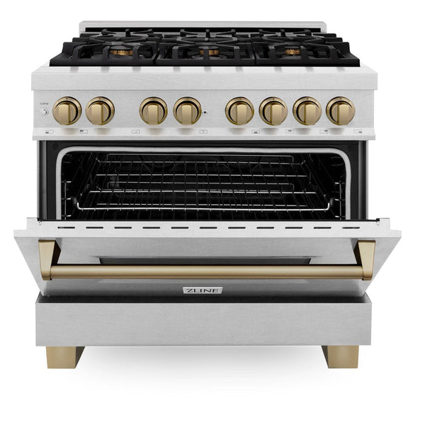 ZLINE Autograph Edition 36 in. 4.6 cu. ft. Dual Fuel Range with Gas Stove and Electric Oven in DuraSnow® Stainless Steel with Champagne Bronze Accents (RASZ-SN-36-CB) front, oven door half open.