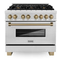 ZLINE Autograph Edition 36 in. 4.6 cu. ft. Dual Fuel Range with Gas Stove and Electric Oven in DuraSnow® Stainless Steel with Champagne Bronze Accents (RASZ-SN-36-CB) front, oven closed.