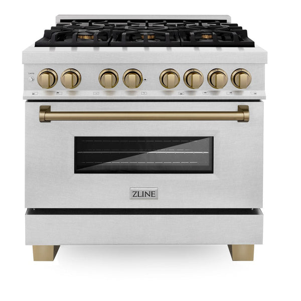 ZLINE Autograph Edition 36 in. 4.6 cu. ft. Dual Fuel Range with Gas Stove and Electric Oven in DuraSnow® Stainless Steel with Champagne Bronze Accents (RASZ-SN-36-CB) front, oven closed.