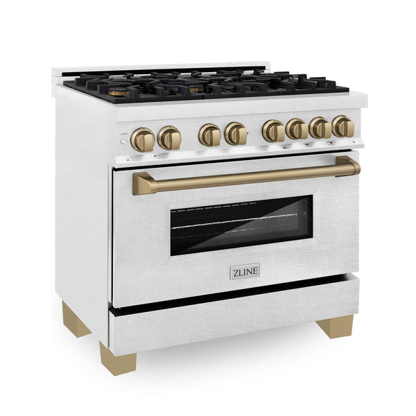 ZLINE Autograph Edition 36 in. 4.6 cu. ft. Dual Fuel Range with Gas Stove and Electric Oven in DuraSnow® Stainless Steel with Champagne Bronze Accents (RASZ-SN-36-CB) side, oven closed.