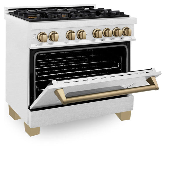 ZLINE Autograph Edition 36 in. 4.6 cu. ft. Dual Fuel Range with Gas Stove and Electric Oven in DuraSnow® Stainless Steel with Champagne Bronze Accents (RASZ-SN-36-CB) side, oven door half open.