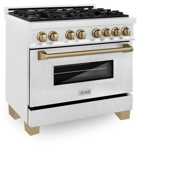 ZLINE Autograph Edition 36 in. 4.6 cu. ft. Dual Fuel Range with Gas Stove and Electric Oven in DuraSnow® Stainless Steel with Champagne Bronze Accents (RASZ-SN-36-CB) side, oven closed.