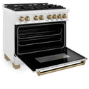 ZLINE Autograph Edition 36 in. 4.6 cu. ft. Dual Fuel Range with Gas Stove and Electric Oven in DuraSnow® Stainless Steel with Champagne Bronze Accents (RASZ-SN-36-CB) side, oven open.