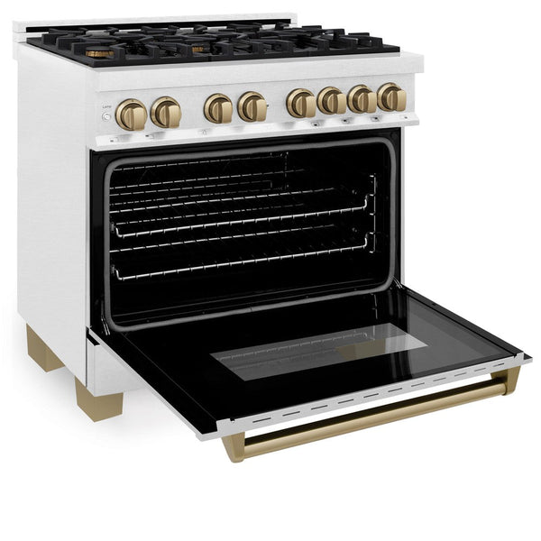ZLINE Autograph Edition 36 in. 4.6 cu. ft. Dual Fuel Range with Gas Stove and Electric Oven in DuraSnow® Stainless Steel with Champagne Bronze Accents (RASZ-SN-36-CB) side, oven open.