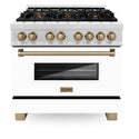 ZLINE Autograph Edition 36 in. 4.6 cu. ft. Dual Fuel Range with Gas Stove and Electric Oven in DuraSnow® Stainless Steel with White Matte Door and Champagne Bronze Accents (RASZ-WM-36-CB) front, oven closed.