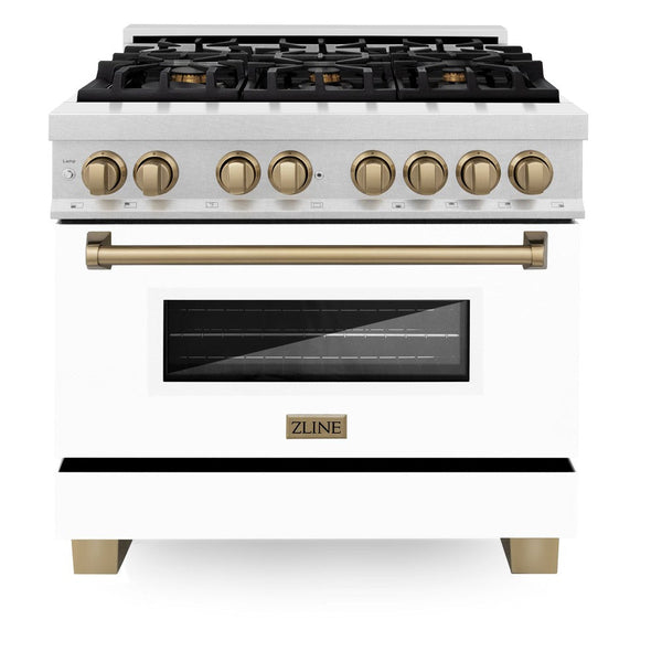 ZLINE Autograph Edition 36 in. 4.6 cu. ft. Dual Fuel Range with Gas Stove and Electric Oven in DuraSnow® Stainless Steel with White Matte Door and Champagne Bronze Accents (RASZ-WM-36-CB) front, oven closed.