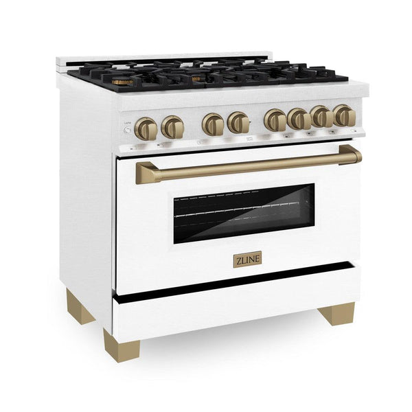 ZLINE Autograph Edition 36 in. 4.6 cu. ft. Dual Fuel Range with Gas Stove and Electric Oven in DuraSnow® Stainless Steel with White Matte Door and Champagne Bronze Accents (RASZ-WM-36-CB) side, oven closed.