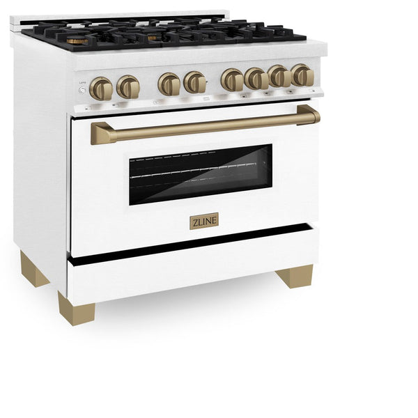 ZLINE Autograph Edition 36 in. 4.6 cu. ft. Dual Fuel Range with Gas Stove and Electric Oven in DuraSnow® Stainless Steel with White Matte Door and Champagne Bronze Accents (RASZ-WM-36-CB) side, oven closed.
