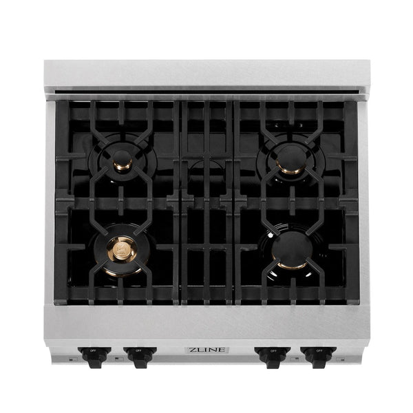 ZLINE Autograph Edition 30 in. Porcelain Rangetop with 4 Gas Burners in DuraSnow® Stainless Steel with Matte Black Accents (RTSZ-30-MB) from above showing gas burners and cast-iron grates.