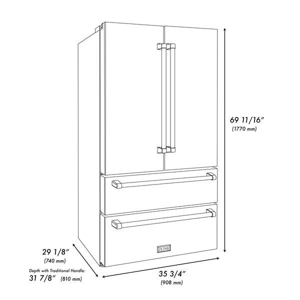 ZLINE 36 in. Freestanding French Door Refrigerator with Ice Maker in Black Stainless Steel (RFM-36-BS) dimensional diagram with measurements.