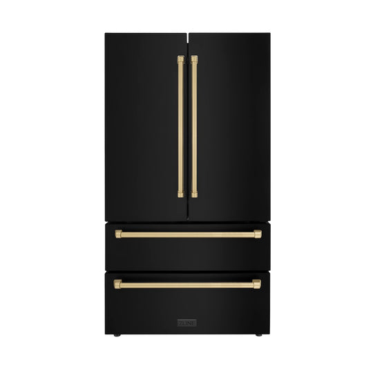 ZLINE Autograph Edition 36 in. 22.5 cu. ft. Counter-Depth French Door Refrigerator with Ice Maker in Fingerprint-Resistant Black Stainless Steel and Champagne Bronze Traditional Handles (RFMZ-36-BS-CB)