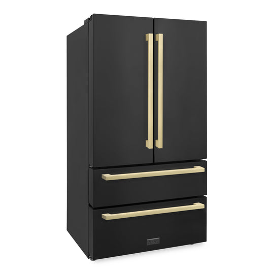 ZLINE Autograph Edition 36 in. 22.5 cu. ft. Counter-Depth French Door Refrigerator with Ice Maker in Fingerprint-Resistant Black Stainless Steel and Champagne Bronze Modern Handles (RFMZ-36-BS-FCB)
